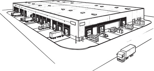 Detailed woodcut illustration of a bustling logistics center, mo