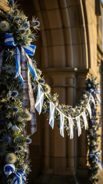 Scottish Thistle Garland with Saltire Flags and Tartan Ribbon. Festive decorations for a national celebration on a historic stone building.