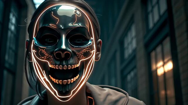 Man wearing electronic skeleton face mask concept. The mask features glowing designs and is set in an urban environment.