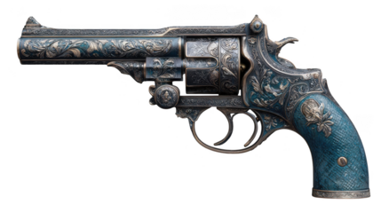 Blue gun with gold engravings on it