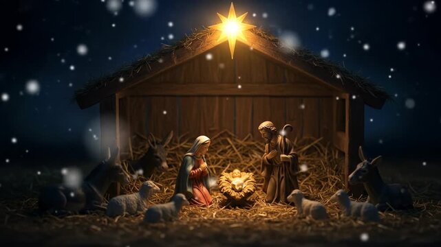 Beautiful Christmas Nativity Scene Animation Under Sparkling Starry Night Sky and Falling Snow