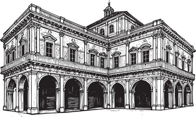 Intricate woodcut illustration of classical italian courtyard ar