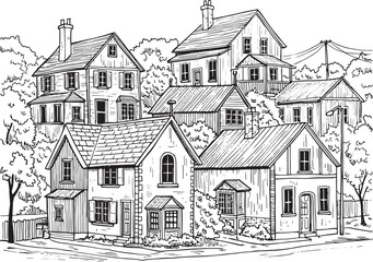 Obraz premium Serene Suburban Vista: A Detailed Black and White Architectural