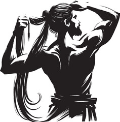 Monochrome illustration of a man styling his long hair with a br