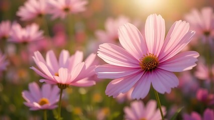 Obraz premium Vibrant Pink Cosmos Flowers in a Sun-Kissed Field at Golden Hour