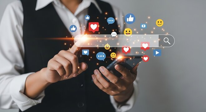 Person using mobile phone with social media icons and search bar overlay