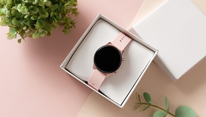 A pale pink smartwatch with a rose gold bezel rests in a pristine white gift box on a blush pink and beige background, accented by greenery