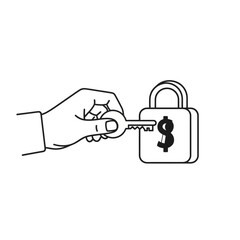 A hand inserts a key into a padlock with a dollar sign, symbolizing financial security and access to wealth.