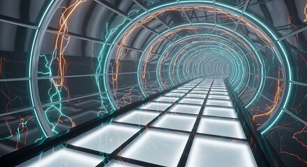 Futuristic neon tunnel with glowing floor and circular portals creates a science fiction ambiance