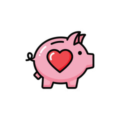 A charming pink piggy bank with a prominent red heart on its side, symbolizing saving with love and affection.