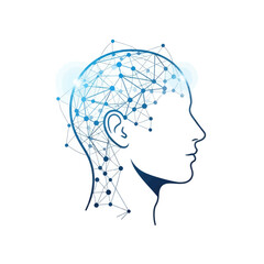 Human head profile with a glowing blue network inside, symbolizing artificial intelligence and digital thought processes.