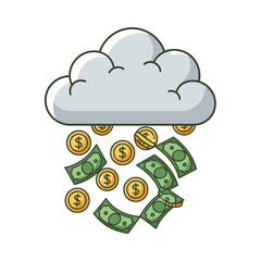 A stylized illustration depicts a fluffy grey cloud raining down a shower of US dollar bills and gold coins, symbolizing financial abundance or a windfall.