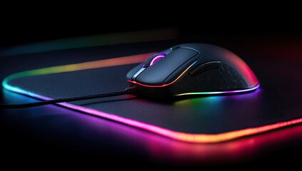 Sleek black gaming mouse rests on a dark, rectangular mousepad with vibrant, multicolored, edge lighting; dark background