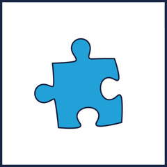 A single, blue jigsaw puzzle piece with a distinct interlocking shape, isolated on a clean white background with a dark blue border.