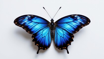 Blue Butterfly with Iridescent Wings White Background