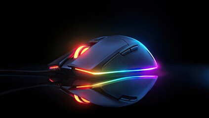 Sleek, dark grey gaming mouse with vibrant RGB lighting accents along its sides and scroll wheel, reflecting on a glossy black surface