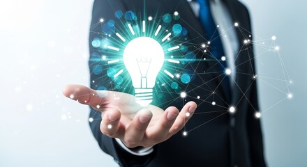 Businessman holding a glowing light bulb, representing innovation and creativity
