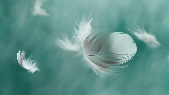 Ethereal White Feathers Drifting Softly and Gracefully Against a Serene Teal Background