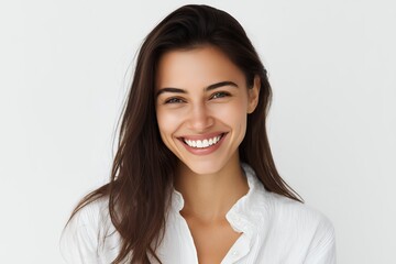 Portrait of a cheerful young woman with perfect teeth smiling brightly in a white shirt, concept for dental care, cosmetic dentistry and wellbeing promotion
