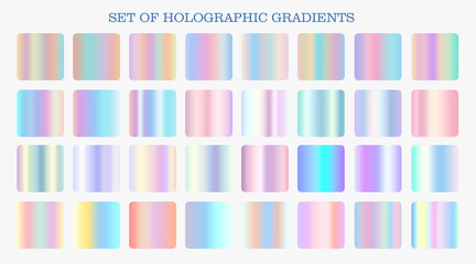 Collection of Holographic Gradient Squares in Pastel Colors for Design Elements