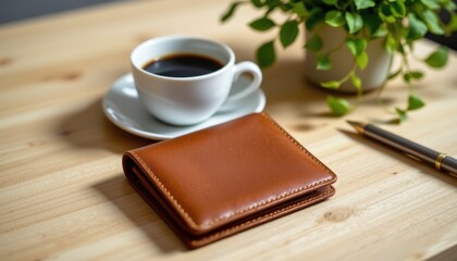 Minimalist Coffee and Leather Wallet Wooden Desk