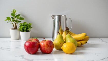Minimalist Fresh Fruit Scene with Metallic Beverage Container