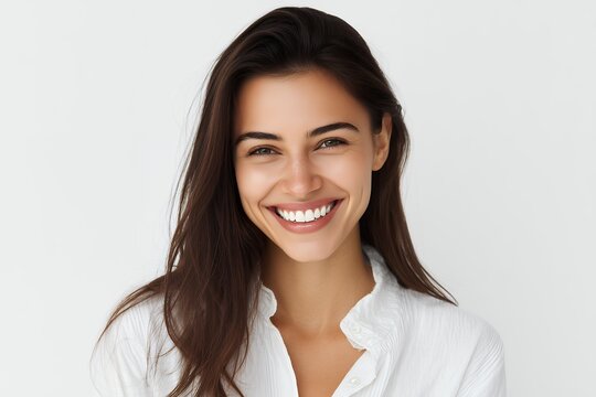 Portrait of a cheerful young woman with perfect teeth smiling brightly in a white shirt, concept for dental care, cosmetic dentistry and wellbeing promotion