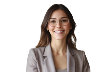 Smiling young female project manager with brown hair and glasses on transparent and white background, concept for professional headshot, career advancement and corporate communications