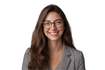Close-up portrait of a smiling, young woman with glasses wearing a gray blazer against a transparent and white background, concept for professional headshots, marketing collateral and online profiles