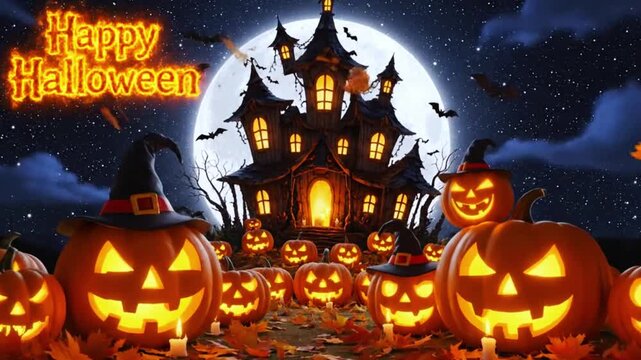 halloween night animation with pumpkin , haunted house and bats flies across the night in the dark blue sky and full moon in the background