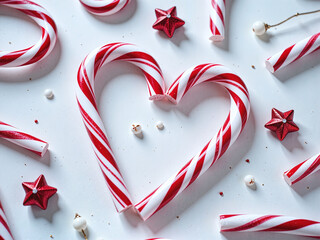 Red and white candy canes arranged in heart shapes, minimal winter setting, eye-level,A festive setup with heart-shaped candy canes—ideal for seasonal product photography.