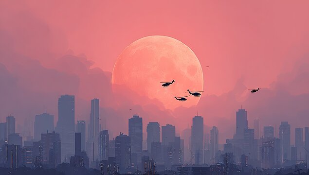 Pink moonrise over a hazy cityscape, silhouetted skyscrapers, three helicopters fly in formation against the large celestial body - Powered by Adobe