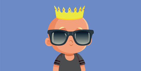 Cool Adorable Baby Wearing a Crown and Sunglasses Vector Cartoon. Funny bratty and selfish infant acting like the boss of the family
