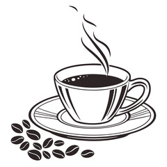 Obraz premium Black and white illustration of a steaming cup of coffee with beans beverage