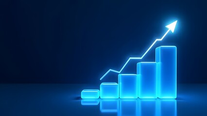 Digital Growth Chart: Glowing Blue 3D Bar Graph with Ascending Trend Line and Bright Arrow Against Dark Background, Symbolizing Business, Technology, and Innovation