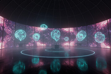 Futuristic immersive digital exhibition with glowing data orbs and curved LED screens