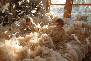 Happy children playing in feathers during fun pillow fight