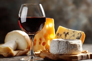 Red Wine Glass with Assorted Gourmet Cheese Selection on Rustic Wooden Board