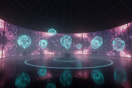 Futuristic immersive digital exhibition with glowing data orbs and curved LED screens