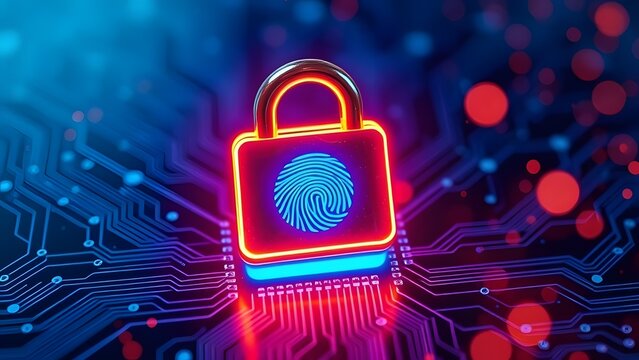 Digital Security and Cyber Protection: Glowing Neon Lock with Biometric Fingerprint Sensor on High-Tech Circuit Board with Blue and Red Light Trails, Representing AI, Cybersecurity, and Data Privacy
