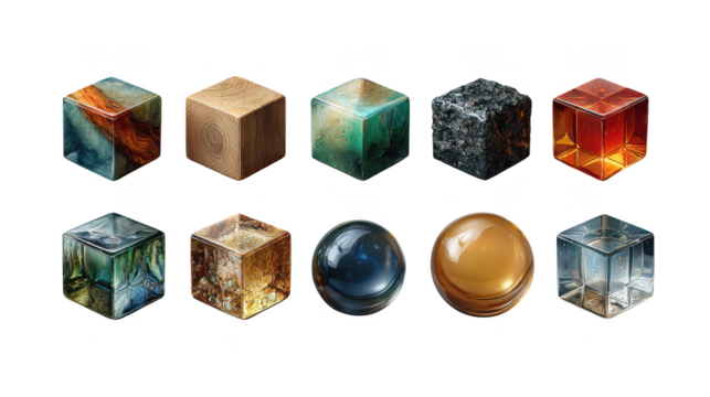 Collection of colorful glass cubes and spheres