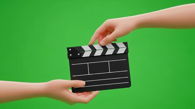 3d cartoon hand holding movie clapperboard on green screen background, film production concept