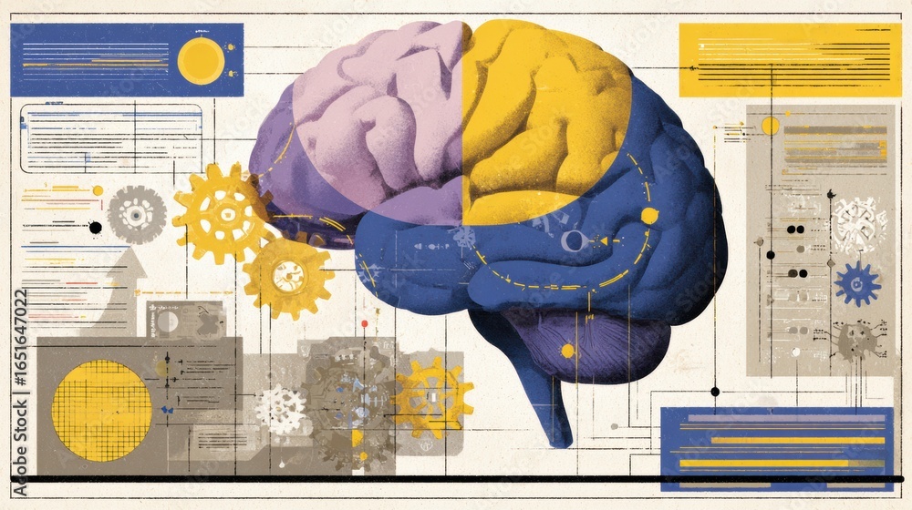 Poster exploring the functions of the human brain through colorful illustrations and detailed infographics 