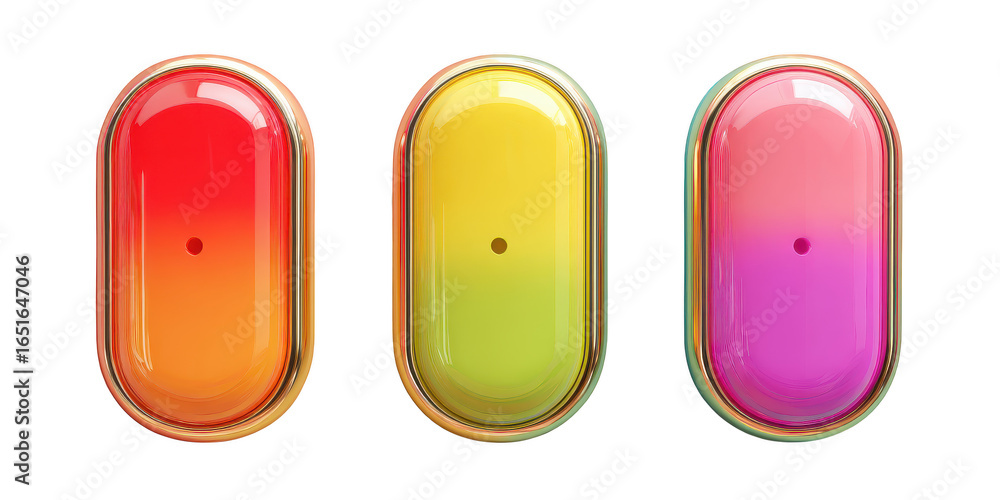 Aufkleber three colorful, multi-colored, and multi-hued objects are displayed in a row