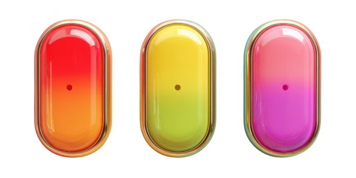 Three colorful, multi-colored, and multi-hued objects are displayed in a row