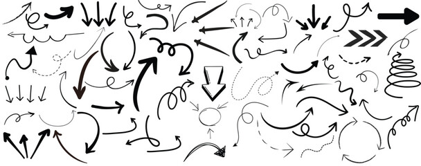 Collection hand drawn arrows. Set simple arrows isolated on white background. Arrow mark icons. Arrow paint - stock vector.Way direction arrow sign icon set. 