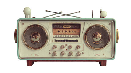 Vintage radio with a gold and silver design sits on a white background