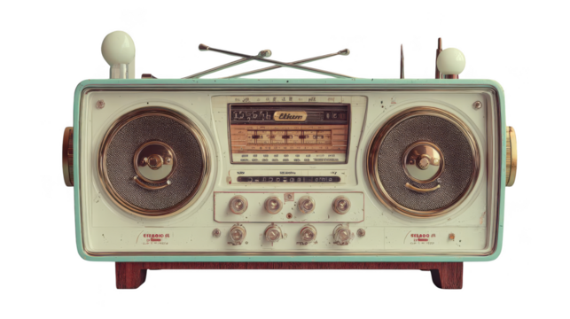 Vintage radio with a gold and silver design sits on a white background
