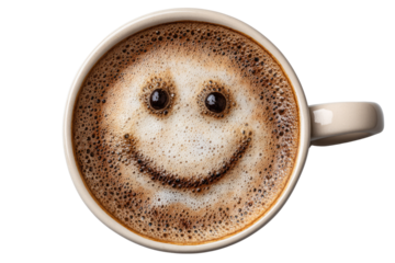 A close-up of a coffee cup with a smiley face created from foam, perfect for promoting positivity and enjoyment.PNG image