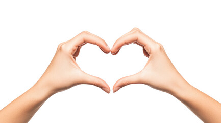 Two hands forming a heart shape on a white isolated background, symbolizing love and connection.PNG image